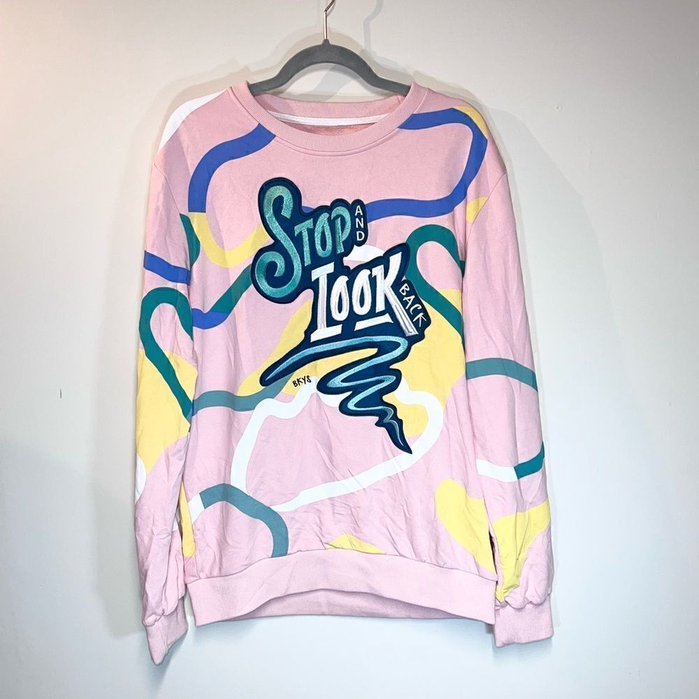 BKYS Stop and Look Back Mens Pink Multi Color Sweatshirt Sz L